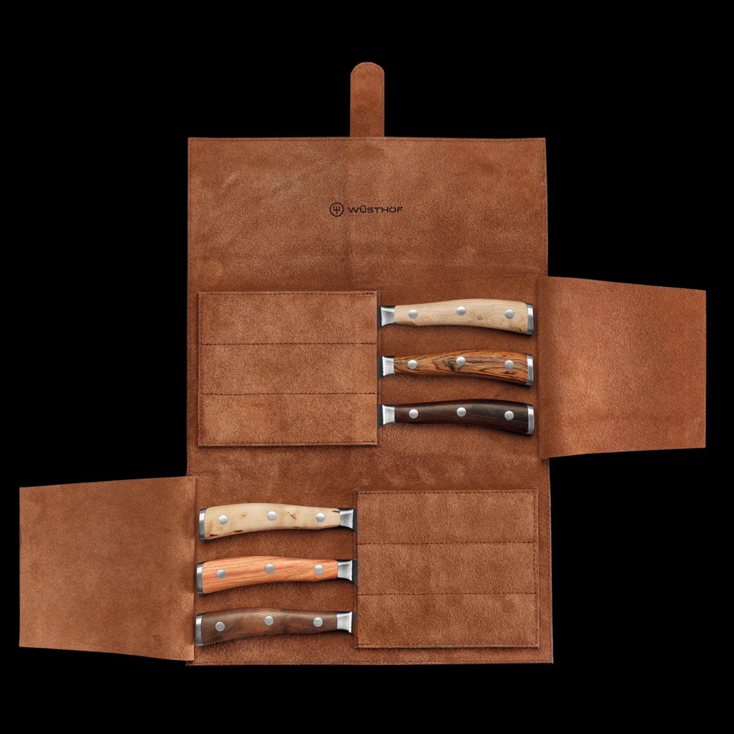 Ikon 6-Piece Mixed Wood Steak Knife Set with Leather Knife Roll